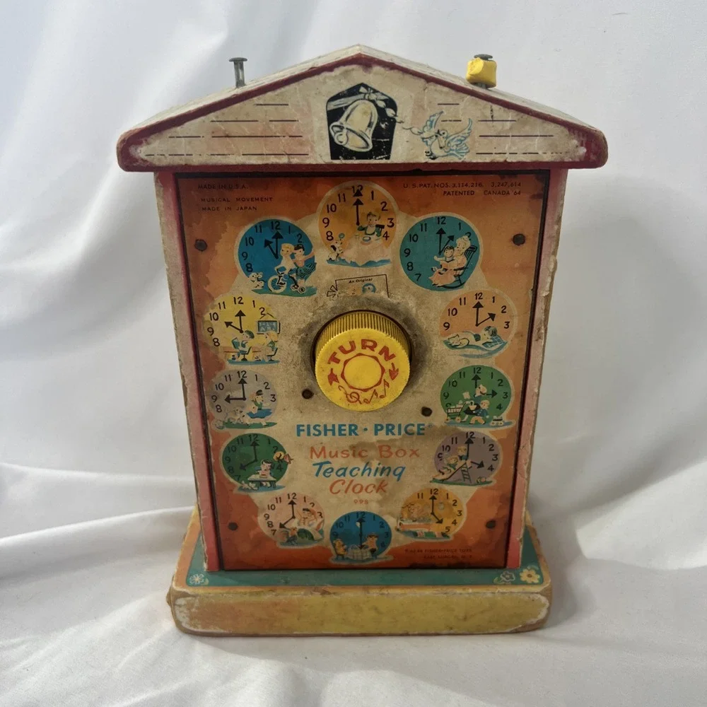 1968 Fisher Price Music Box Teaching Clock 998 School Toy Vintage‎ WORKS FAIR
